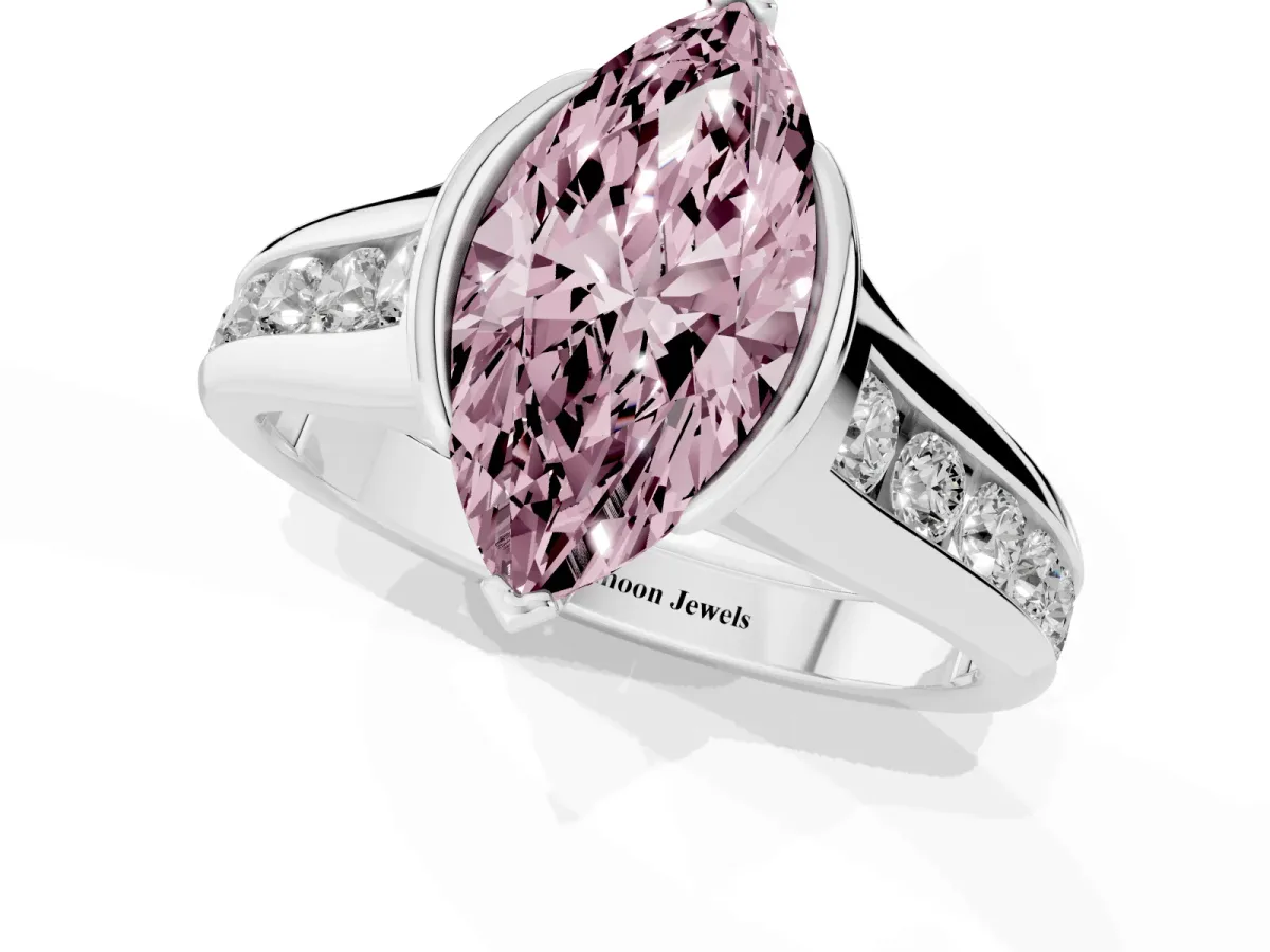 Fancy Pink Marquise Cut Solitaire Bezel-Set Diamond Ring with Channel-Set Band Silver