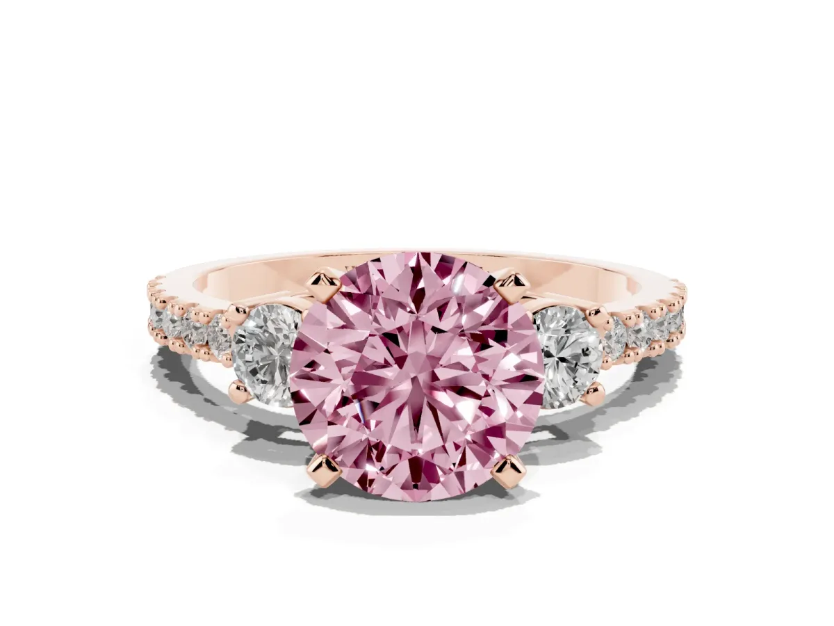 Fancy Pink Round Cut Three-Stone Diamond Pavé Band with Prong Setting Rose gold