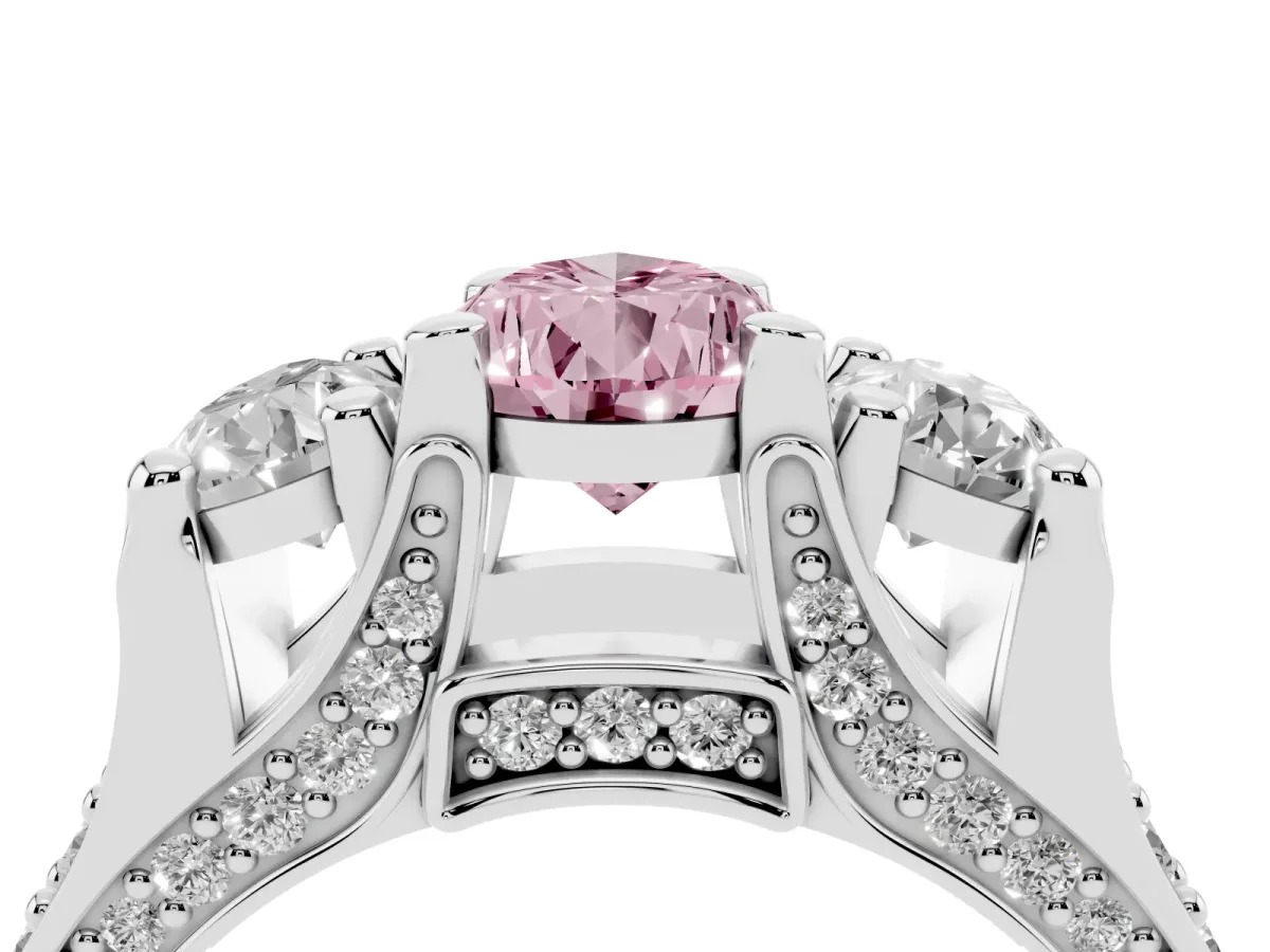 Fancy Pink Pear Cut Diamond Three-Stone Ring with Channel Set Band and Four-Prong Setting Silver
