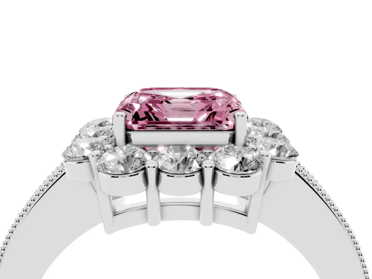 Fancy Pink Asscher Cut Cut Halo Diamond Pavé Engagement Ring with Milgrain Detailing Silver