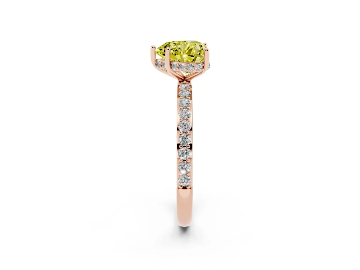 Fancy Yellow Heart Cut Diamond Solitaire Ring with Pavé Band and Hidden Halo Rose gold