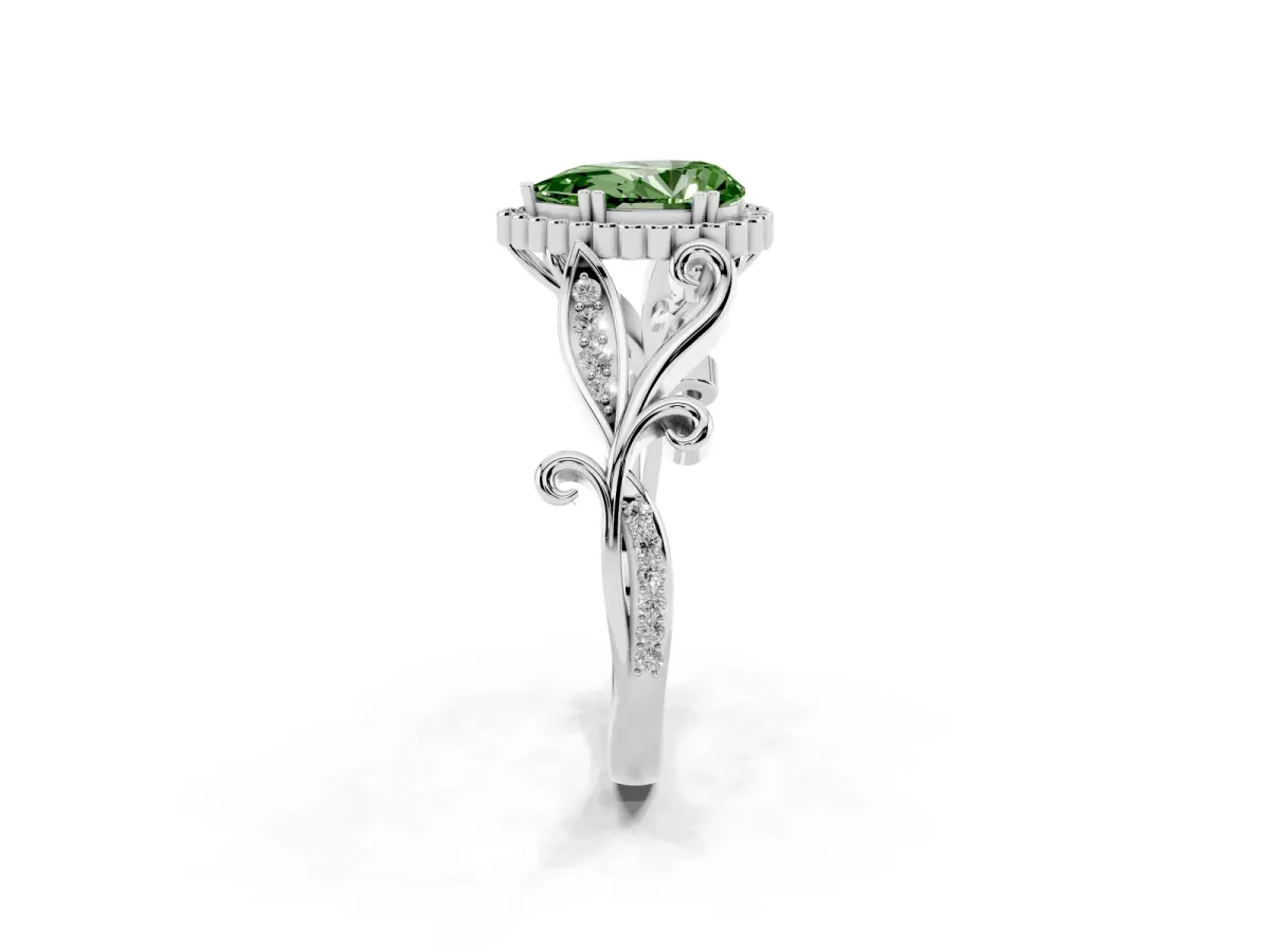 Fancy Green Pear Cut Diamond Halo Ring with Vintage Split Shank and Four-Prong Setting Silver
