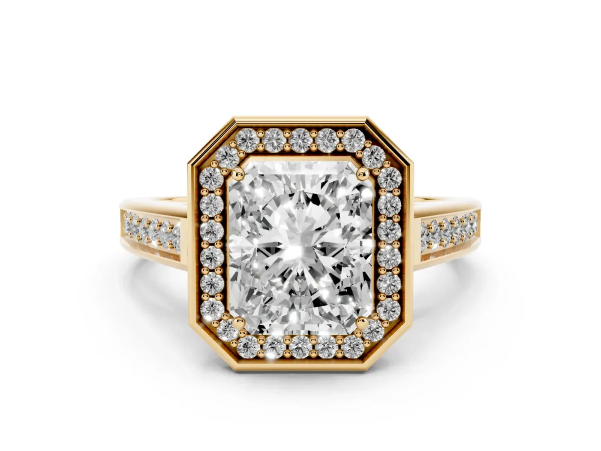 Emerald Cut Halo Solitaire Diamond Ring with Pave Band and Bezel Setting Yellow gold