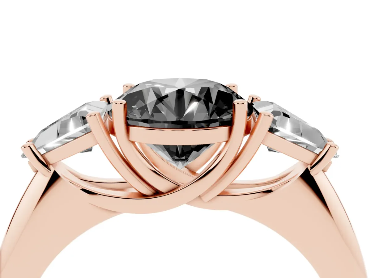 Fancy Black Three-Stone Round Cut Diamond Engagement Ring with Trillion Side Stones and Prong Setting Rose gold