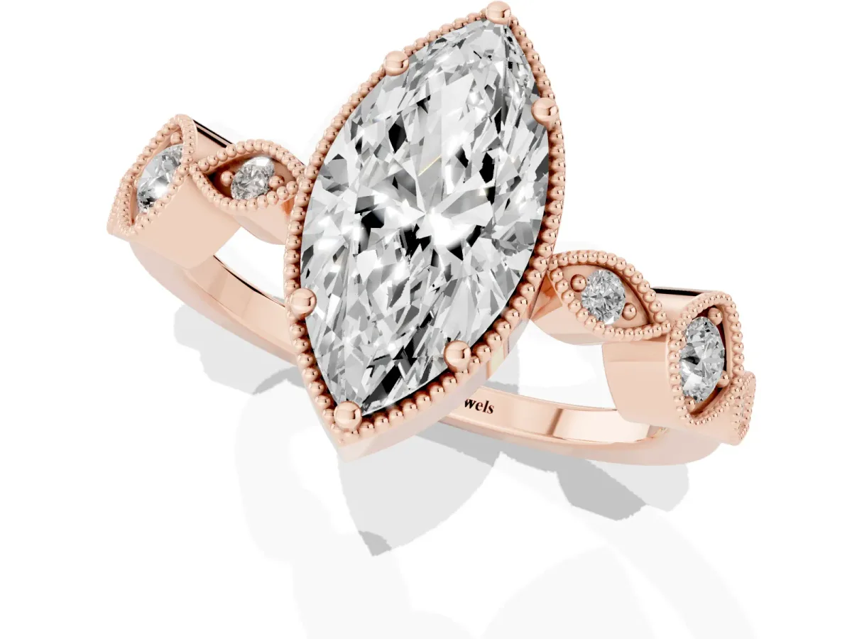 Marquise Cut Diamond Vintage Milgrain Ring with Round Stations Rose gold