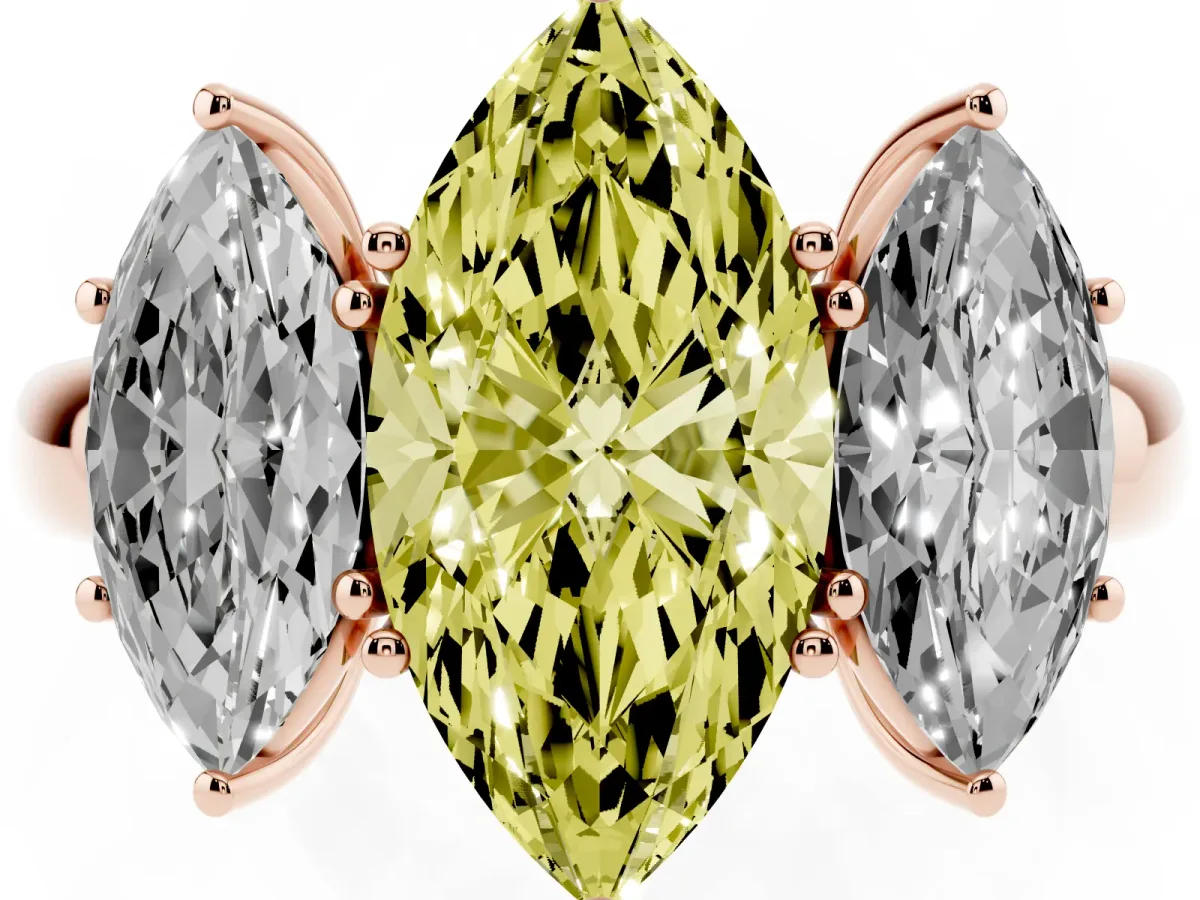 Fancy Yellow Marquise Cut Diamond Three-Stone Ring with Four-Prong Setting and Classic Band Rose gold