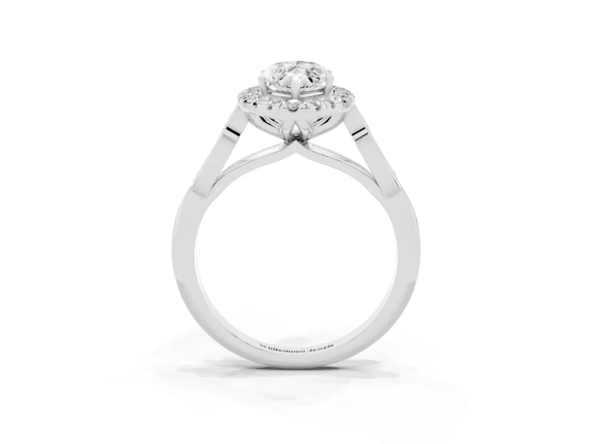 Marquise Cut Halo Diamond Engagement Ring with Filigree Band and Four-Prong Setting White gold
