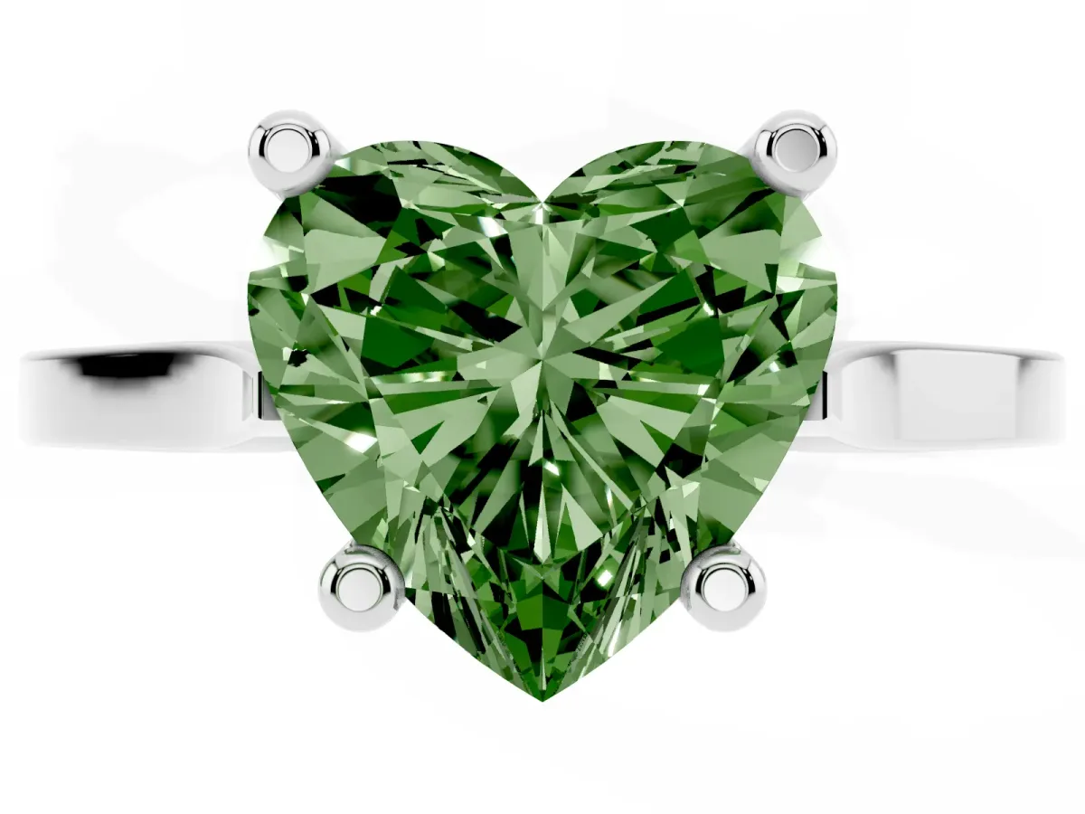 Fancy Green Heart Cut Solitaire Diamond Ring with Four-Prong Setting and Tapered Band Platinum
