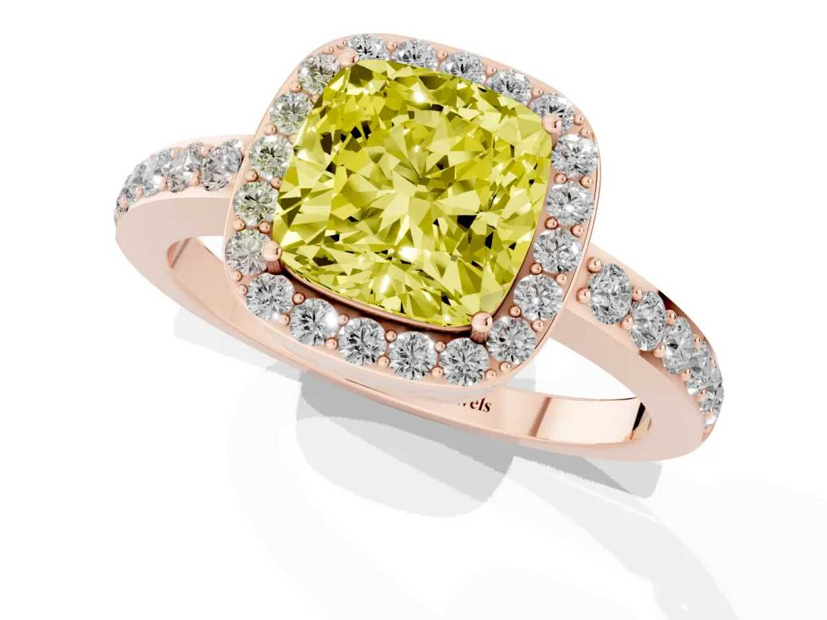 Fancy Yellow Cushion Cut Halo Diamond Pavé Band Ring with Prong Setting Rose gold