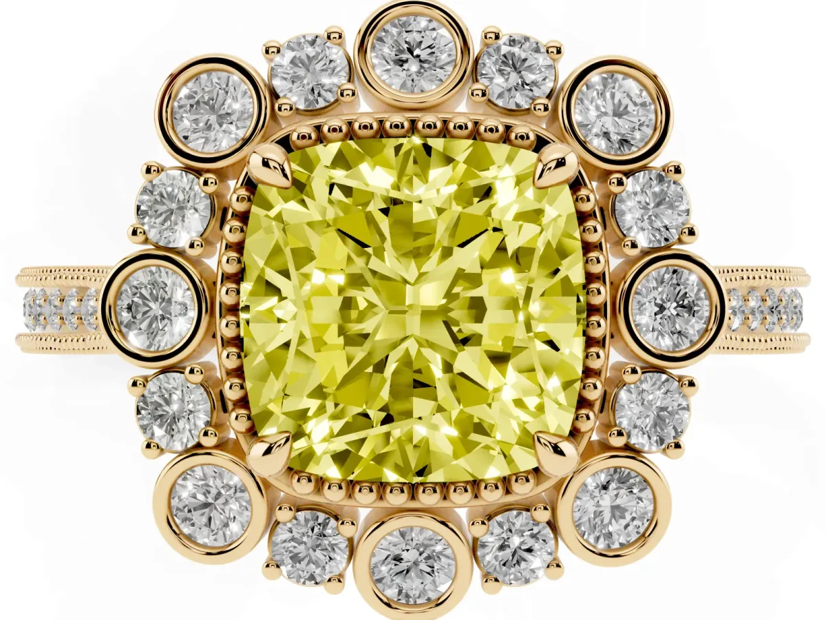 Fancy Yellow Cushion Cut Halo Milgrain Pave Diamond Ring with Four-Prong Setting Yellow gold