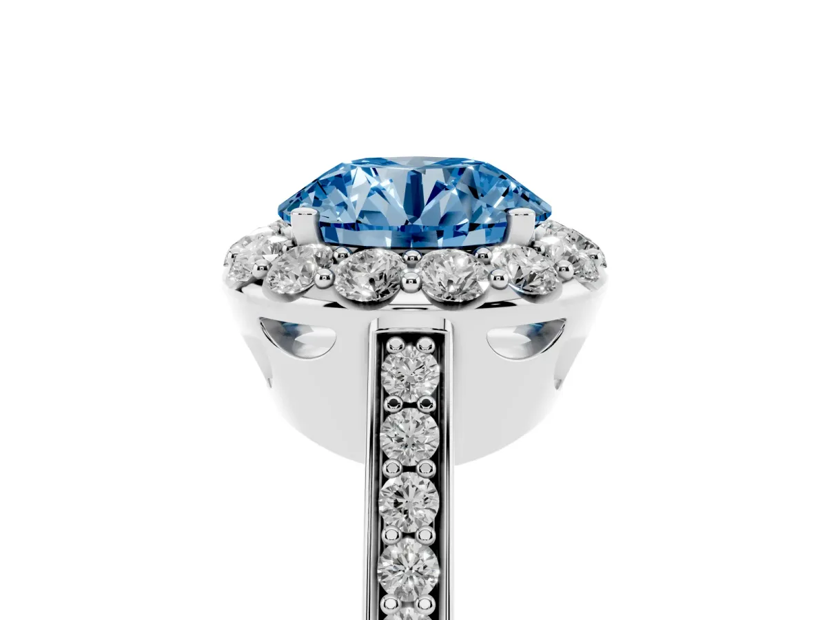 Fancy Blue Round Cut Diamond Floral Halo Ring with Pavé Band and Prong Setting Silver