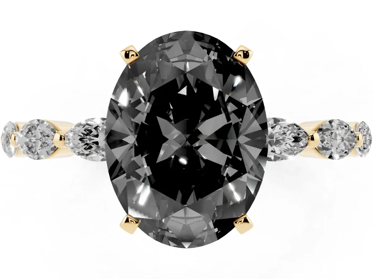 Fancy Black Oval Cut Diamond Ring with Marquise Side Stones and Prong Setting Yellow gold