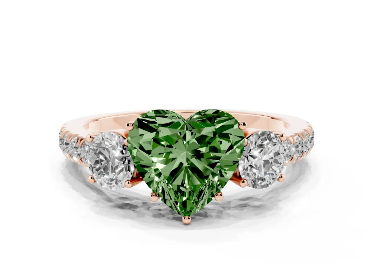 Fancy Green Heart Cut Cut Diamond Three-Stone Ring with Round Side Stones and Pavé Band Rose gold