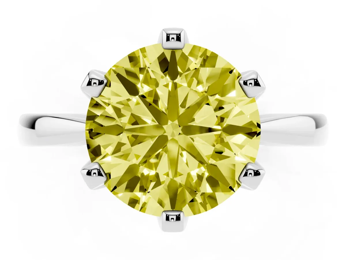 Fancy Yellow Round Cut Solitaire Engagement Ring with Six-Prong Setting and Tapered Band Silver