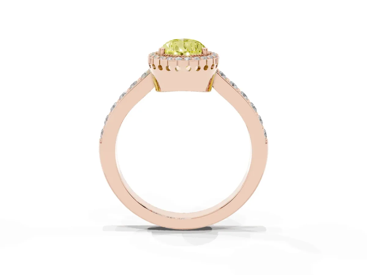 Fancy Yellow Pear Cut Cut Diamond Halo Engagement Ring with Milgrain Detail and Pavé Band Rose gold