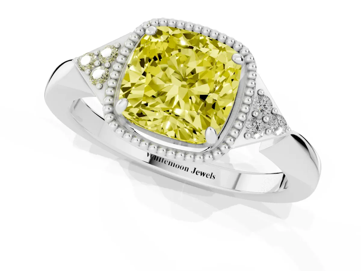 Fancy Yellow Cushion Cut Diamond Halo Ring with Tapered Band and Four-Prong Setting Silver