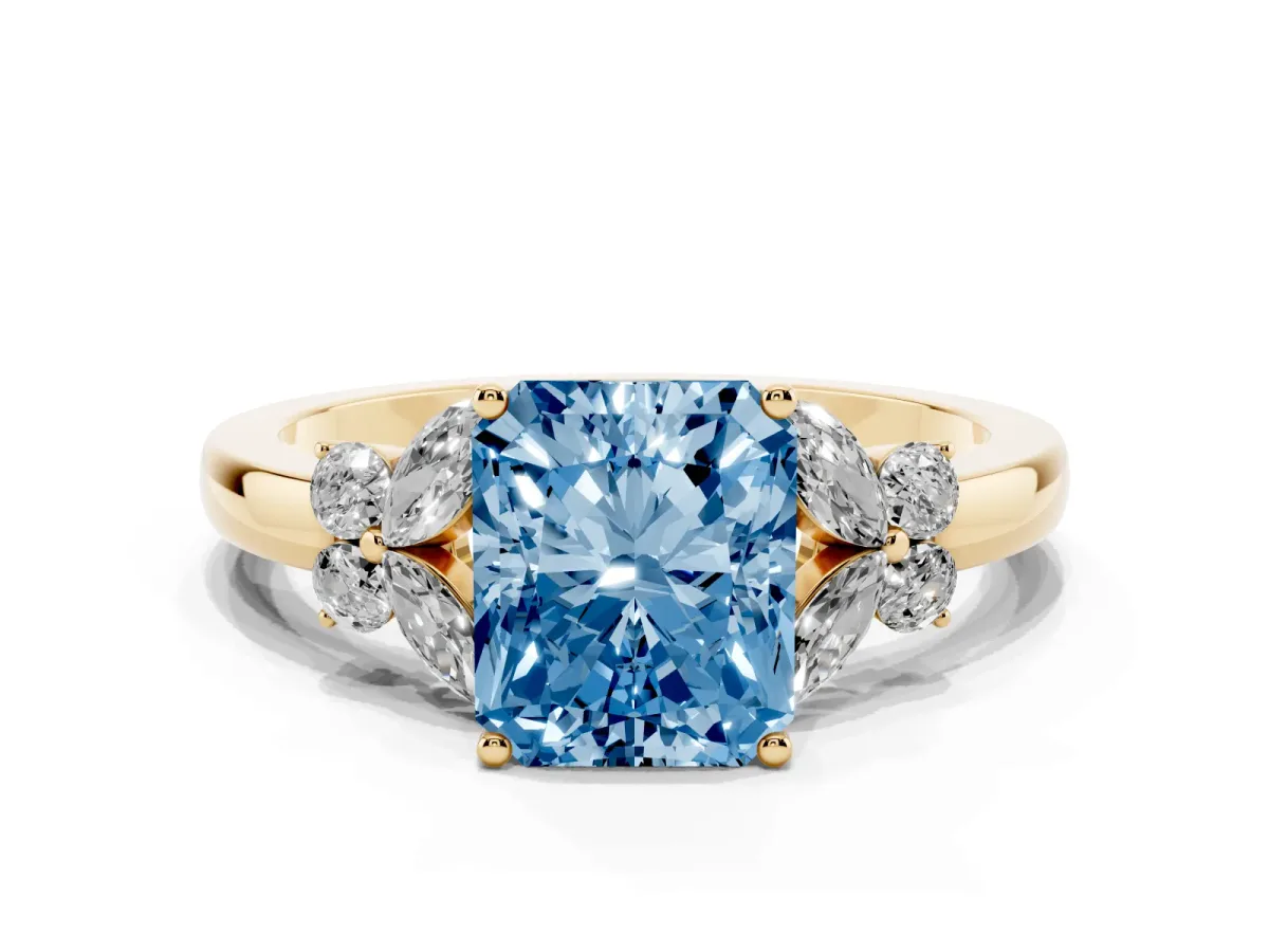 Fancy Blue Radiant Cut Cut Solitaire Floral Diamond Ring with Four-Prong Setting Yellow gold