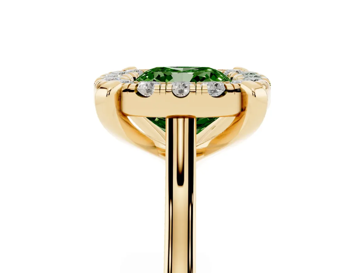 Fancy Green Cushion Cut Diamond Cluster Halo Solitaire with Four-Prong Setting Yellow gold