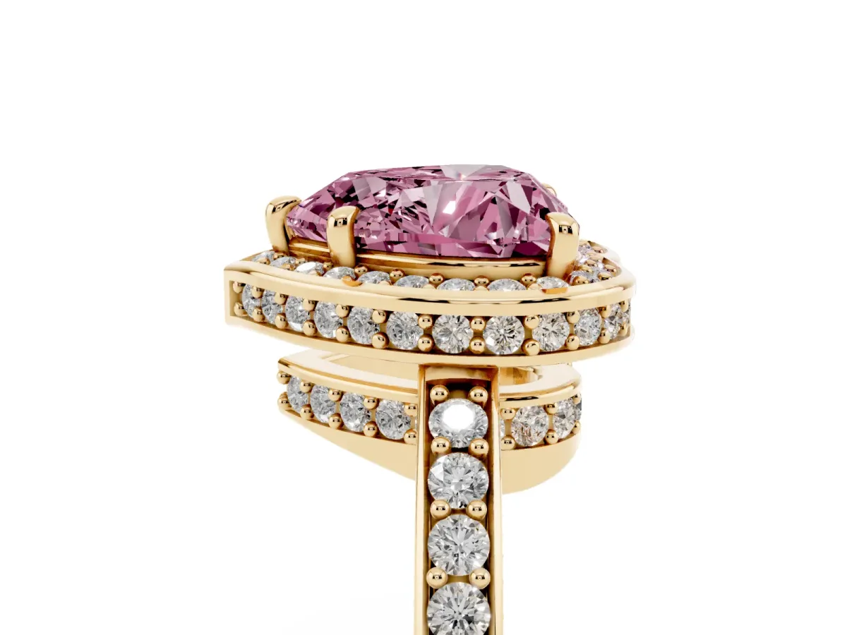 Fancy Pink Heart Cut Halo Pave Band Solitaire Ring with Prong Setting Yellow gold