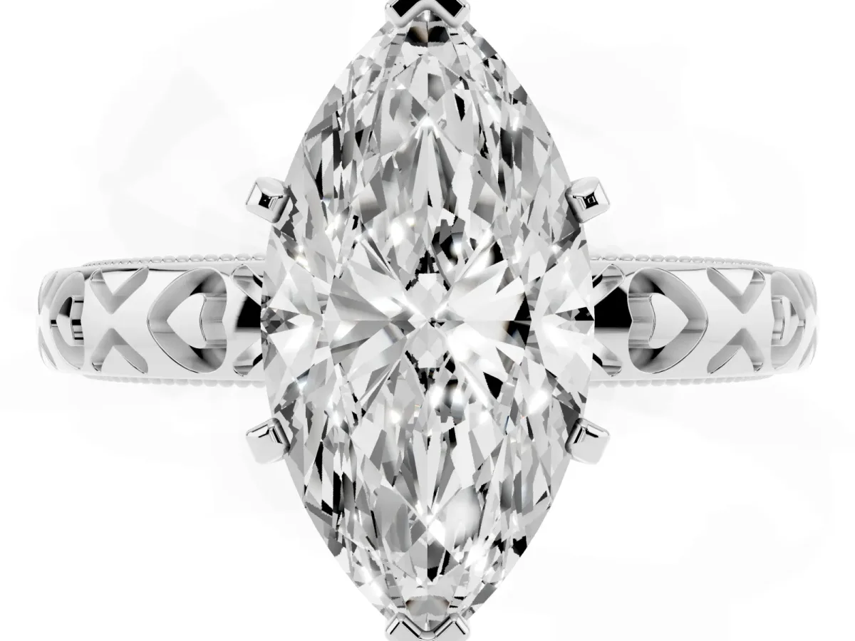 Marquise Cut Solitaire Diamond Engagement Ring with XO Engraved Band and Four-Prong Setting Platinum