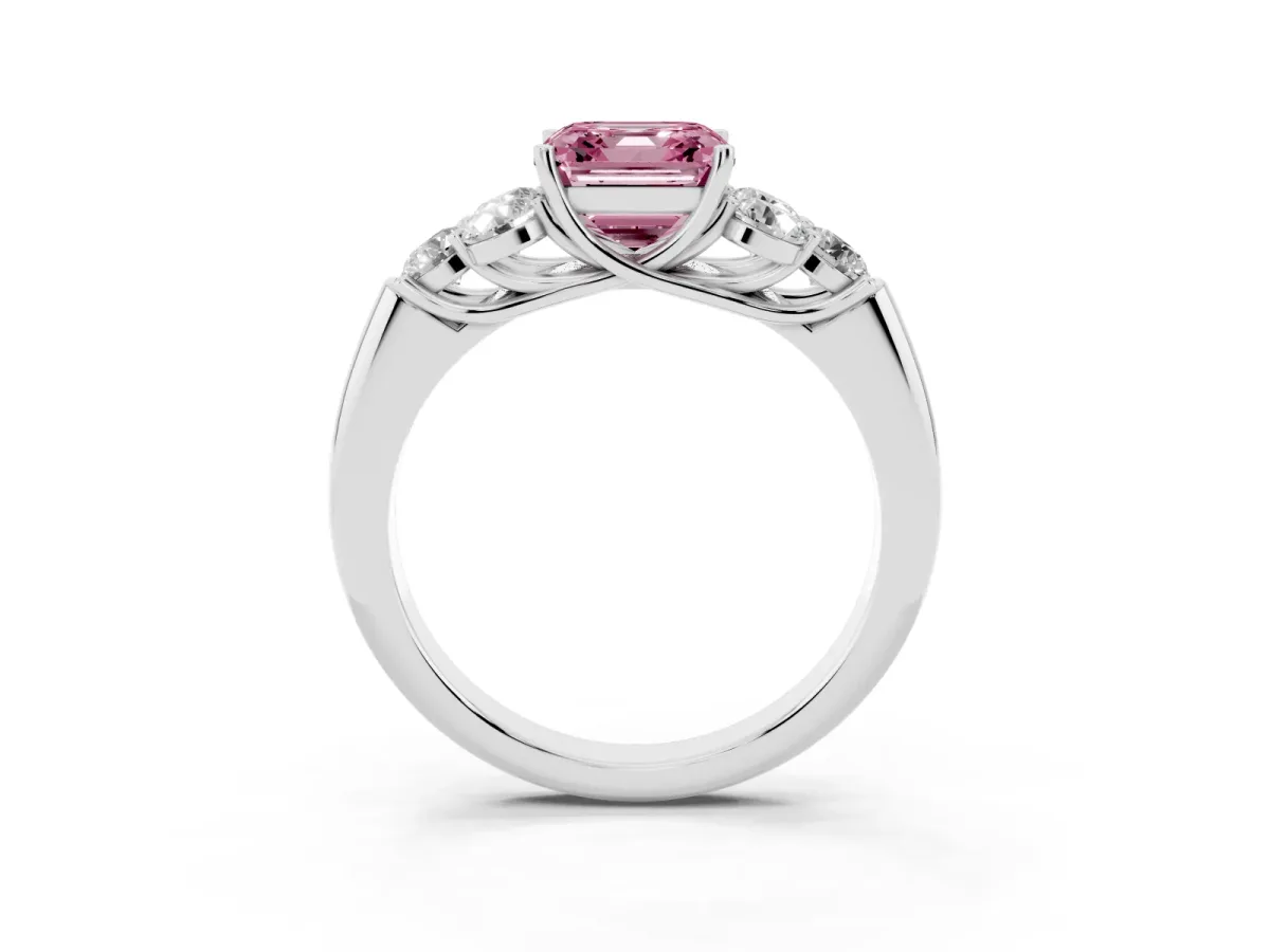 Fancy Pink Asscher Cut Cut Diamond Cluster Ring with Round Accent Stones and Prong Setting on a Classic Band White gold