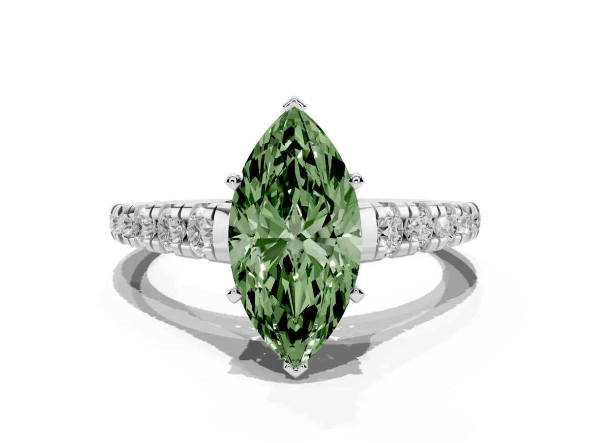 Fancy Green Marquise Cut Diamond Cathedral Solitaire Ring with Round Pavé Band Silver