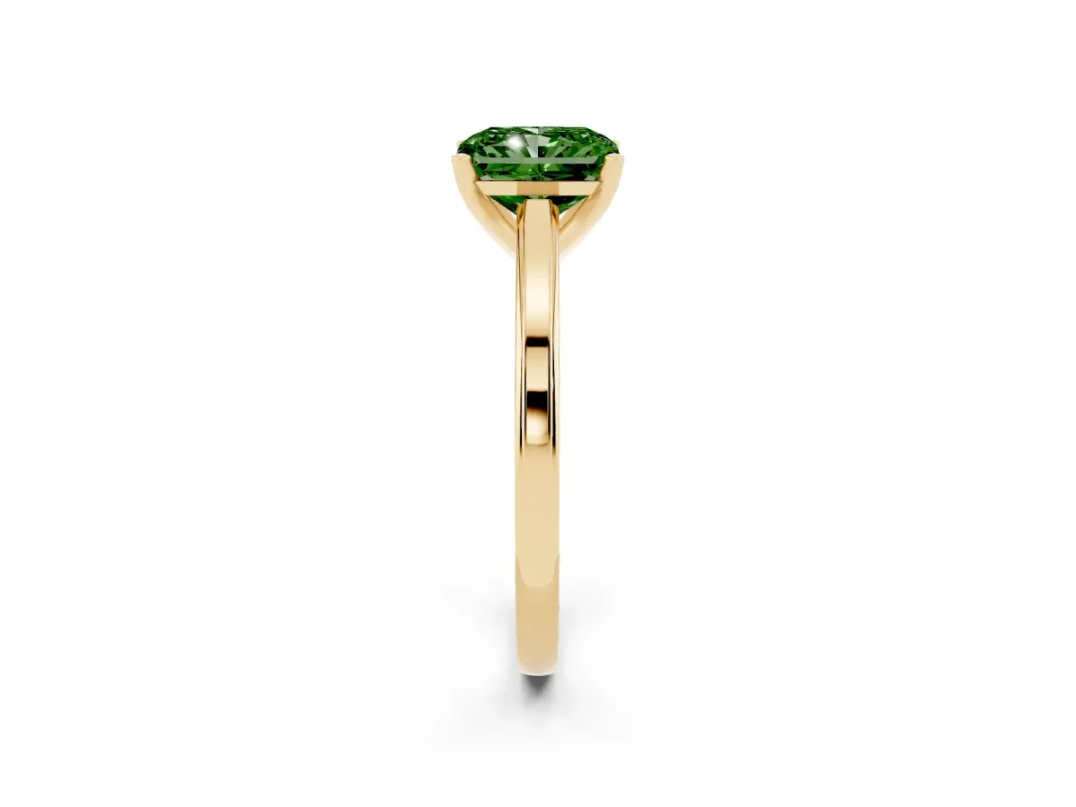 Fancy Green Radiant Cut Solitaire Diamond Ring with Four-Prong Setting and Classic Band Yellow gold
