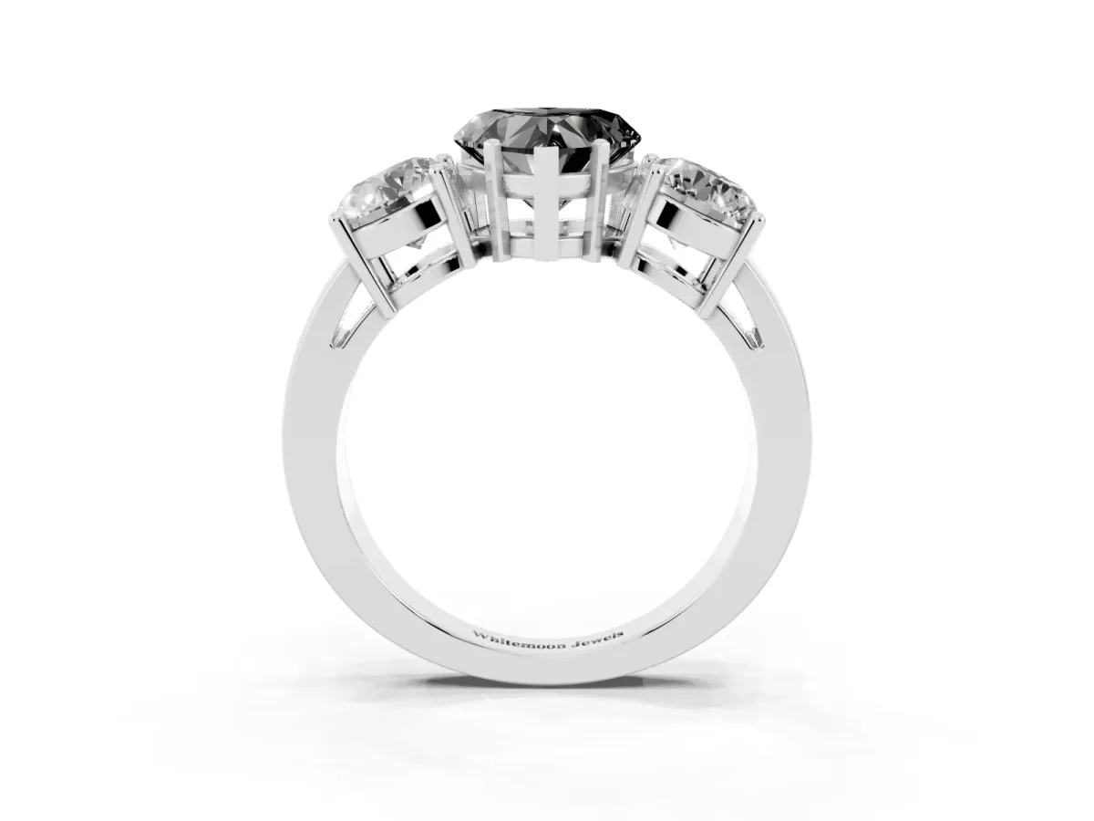 Fancy Black Three-Stone Heart Cut Diamond Ring with Round Side Stones, Classic Band, and Four-Prong Setting White gold