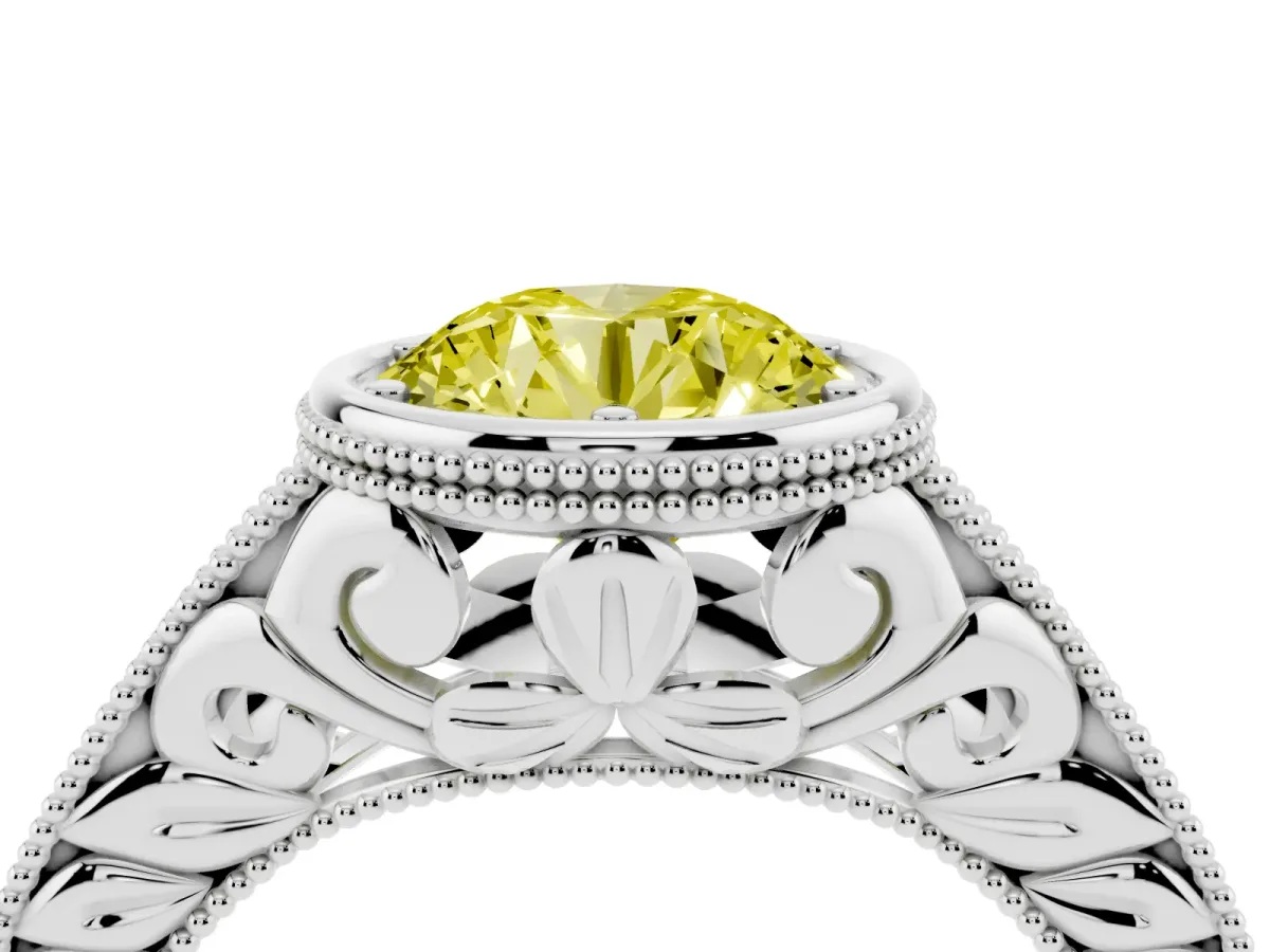 Fancy Yellow Bezel Set Round Cut Diamond Milgrain Pave Engagement Ring Silver