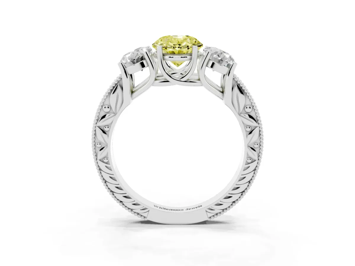 Fancy Yellow Three-Stone Oval Cut Cut Milgrain Pavé Engagement Ring Platinum