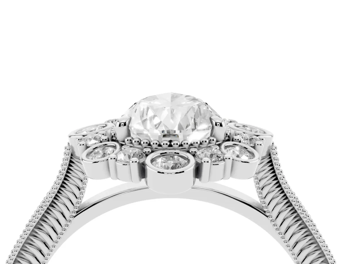 Pear Cut Halo Milgrain Pave Diamond Ring with Four-Prong Setting Silver
