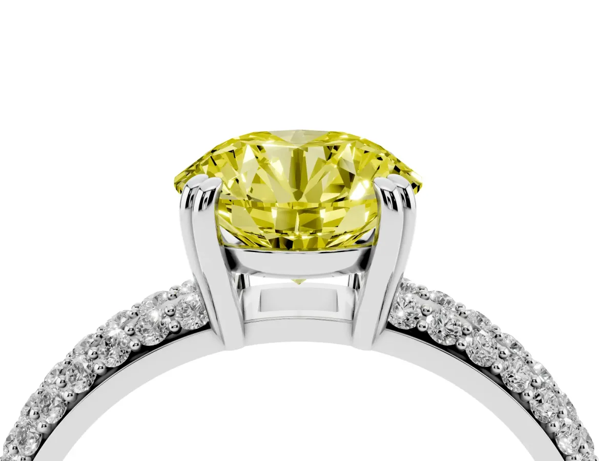 Fancy Yellow Round Cut Diamond Solitaire Ring with Multi-Row Round Pavé Band and Prong Setting Silver
