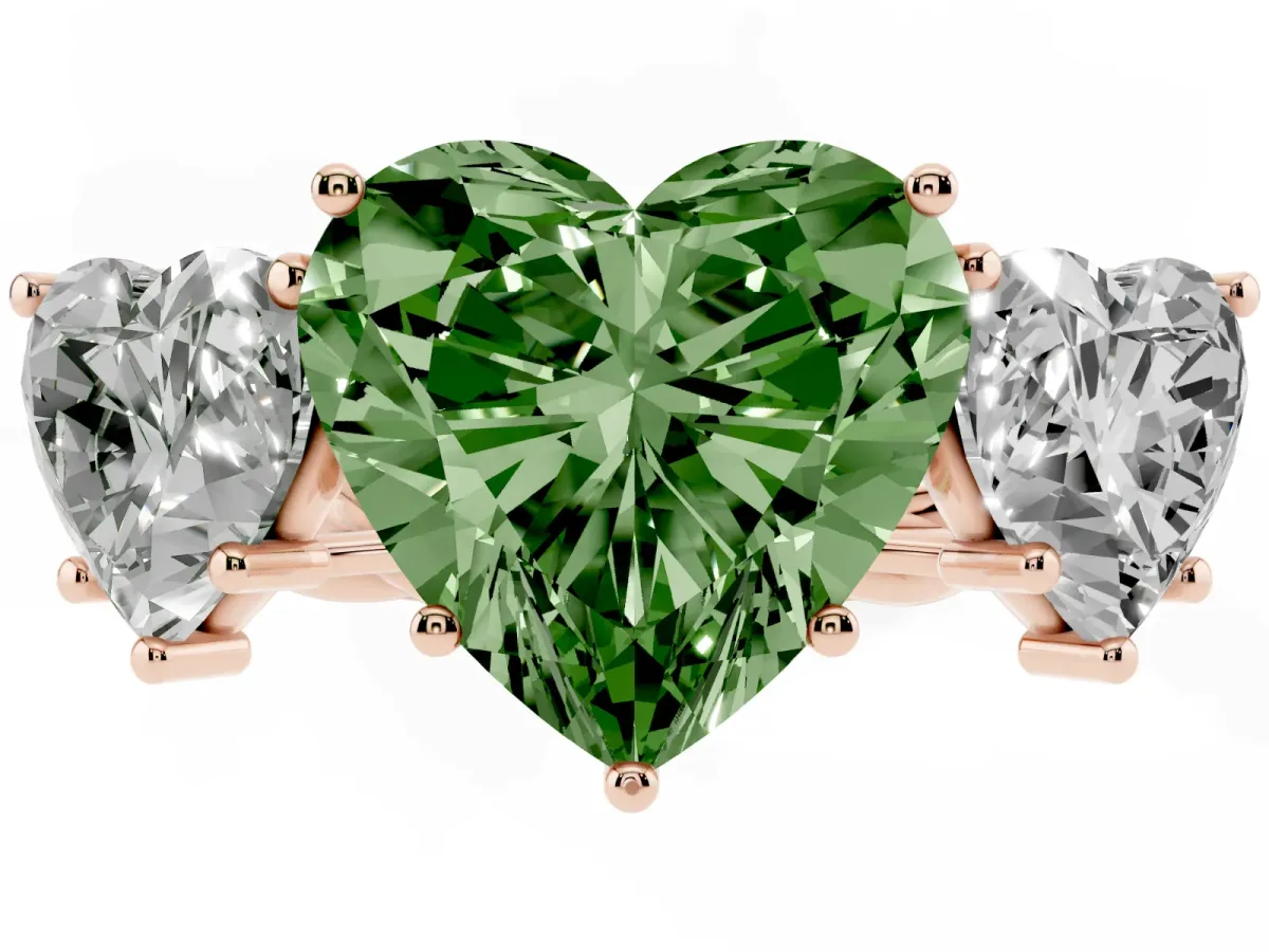 Fancy Green Three-Stone Heart Cut Diamond Braided Band Ring with Four-Prong Setting Rose gold