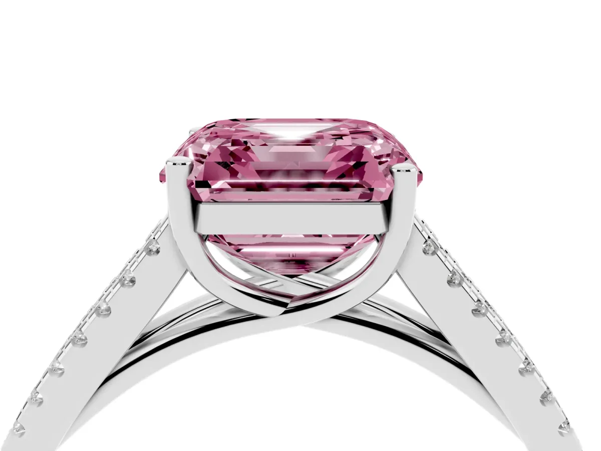 Fancy Pink Asscher Cut Diamond Solitaire Engagement Ring with Split Shank Pavé Band Platinum