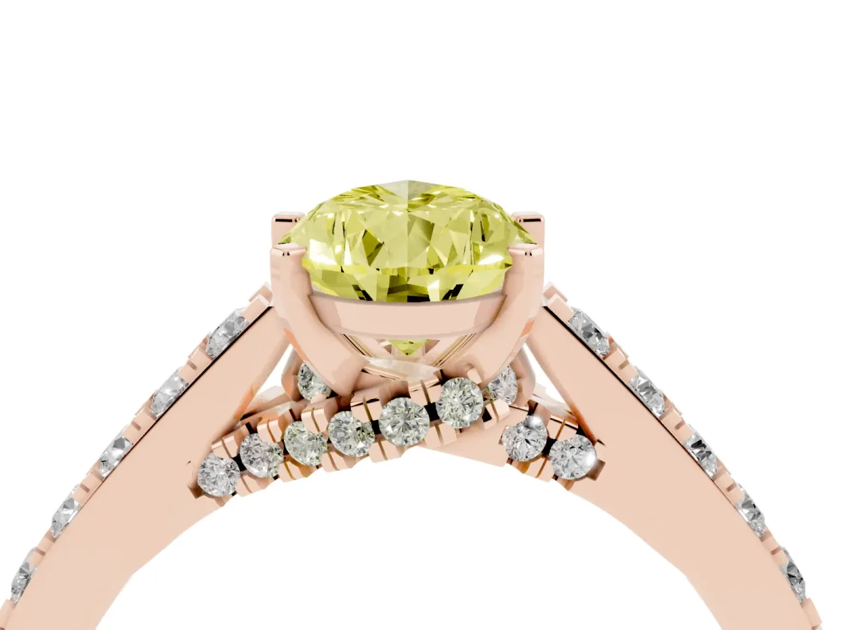 Fancy Yellow Pear Cut Diamond Solitaire Ring with Crossover Gallery and Round Pavé Band Rose gold