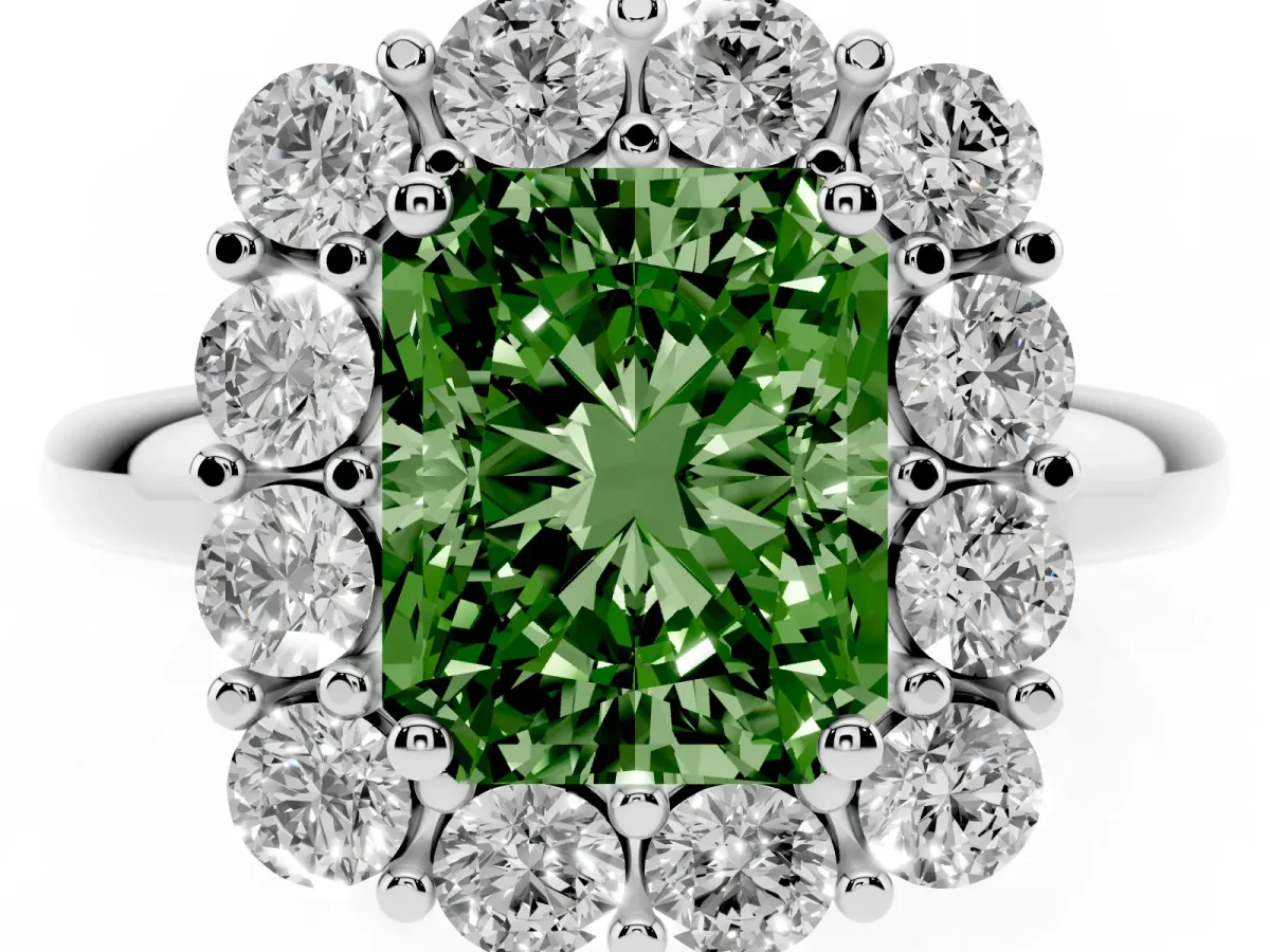 Fancy Green Radiant Cut Halo Cluster Diamond Engagement Ring with Prong Setting and Polished Band Platinum