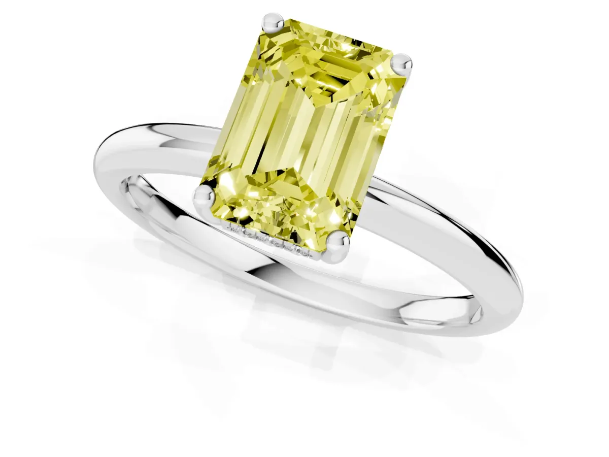 Fancy Yellow Emerald Cut Cut Solitaire Engagement Ring with Four-Prong Setting and Classic Band Silver