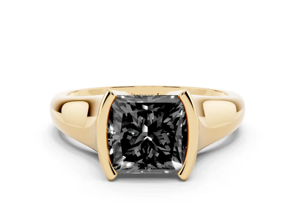 Fancy Black Princess Cut Solitaire Tension Set Diamond Ring with Split Shank Band Yellow gold