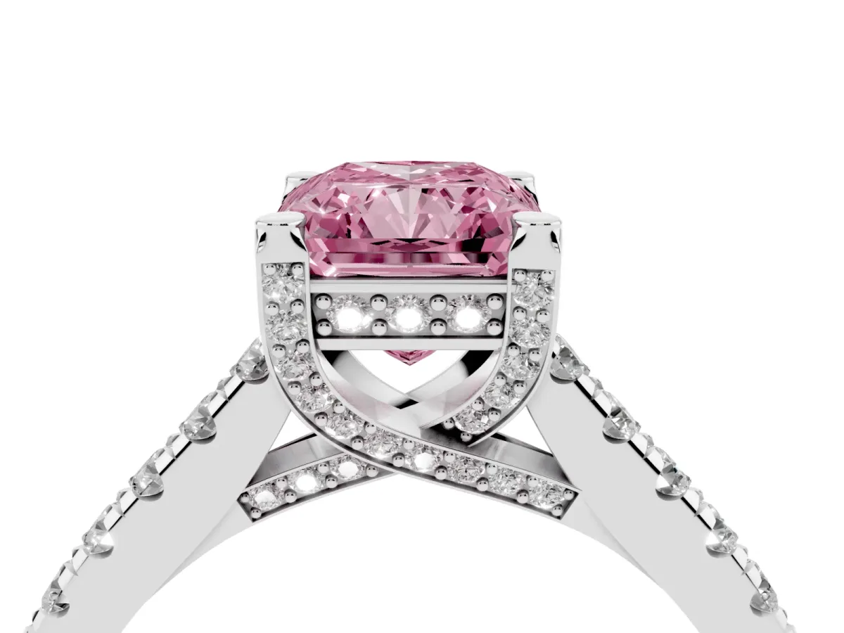 Fancy Pink Radiant Cut Brilliant Diamond Solitaire with Pavé Band and Four-Prong Setting Platinum