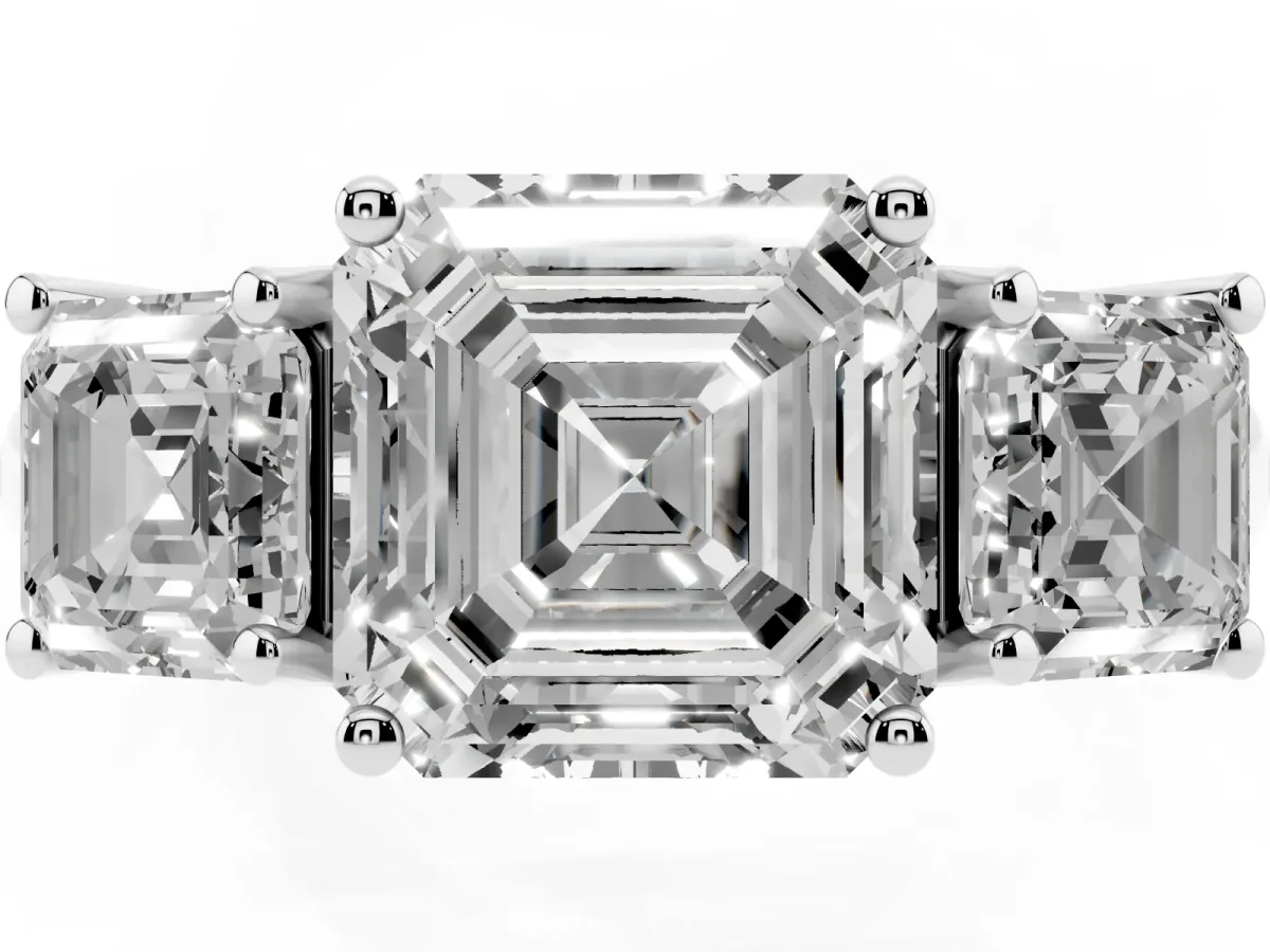 Three-Stone Asscher Cut Diamond Engagement Ring with Prong Setting Silver