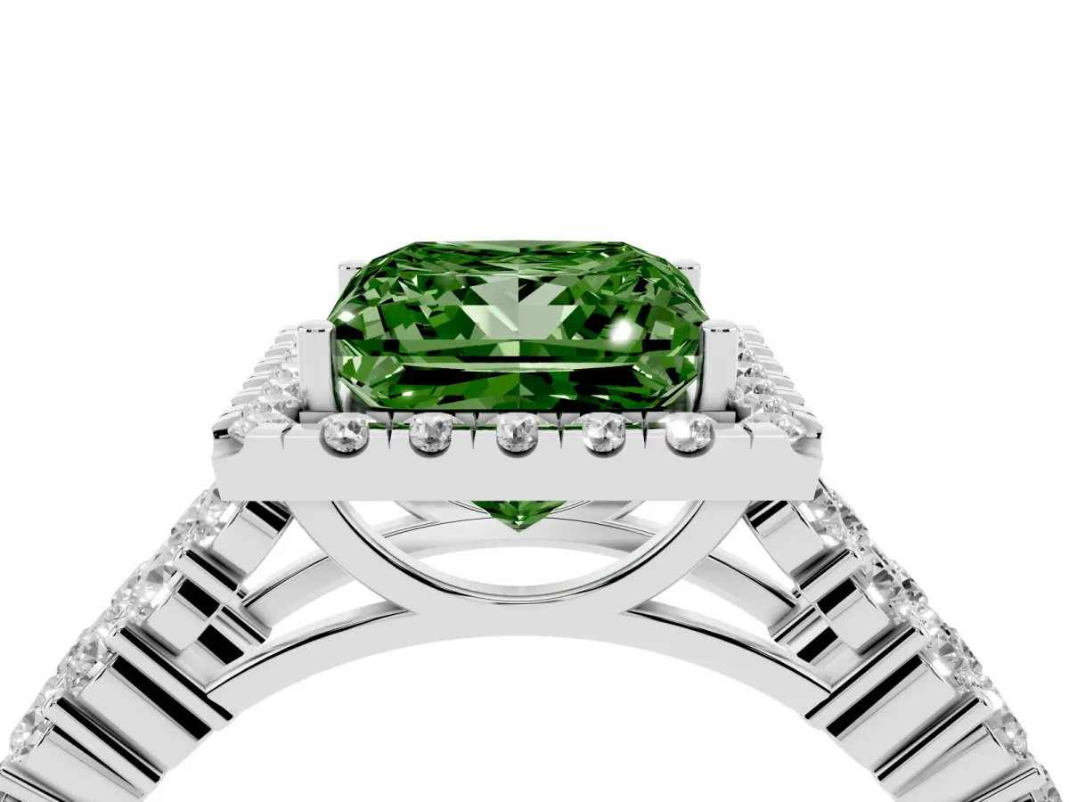 Fancy Green Princess Cut Diamond Halo Engagement Ring with Triple Row Round Pavé Band and Prong Setting Silver