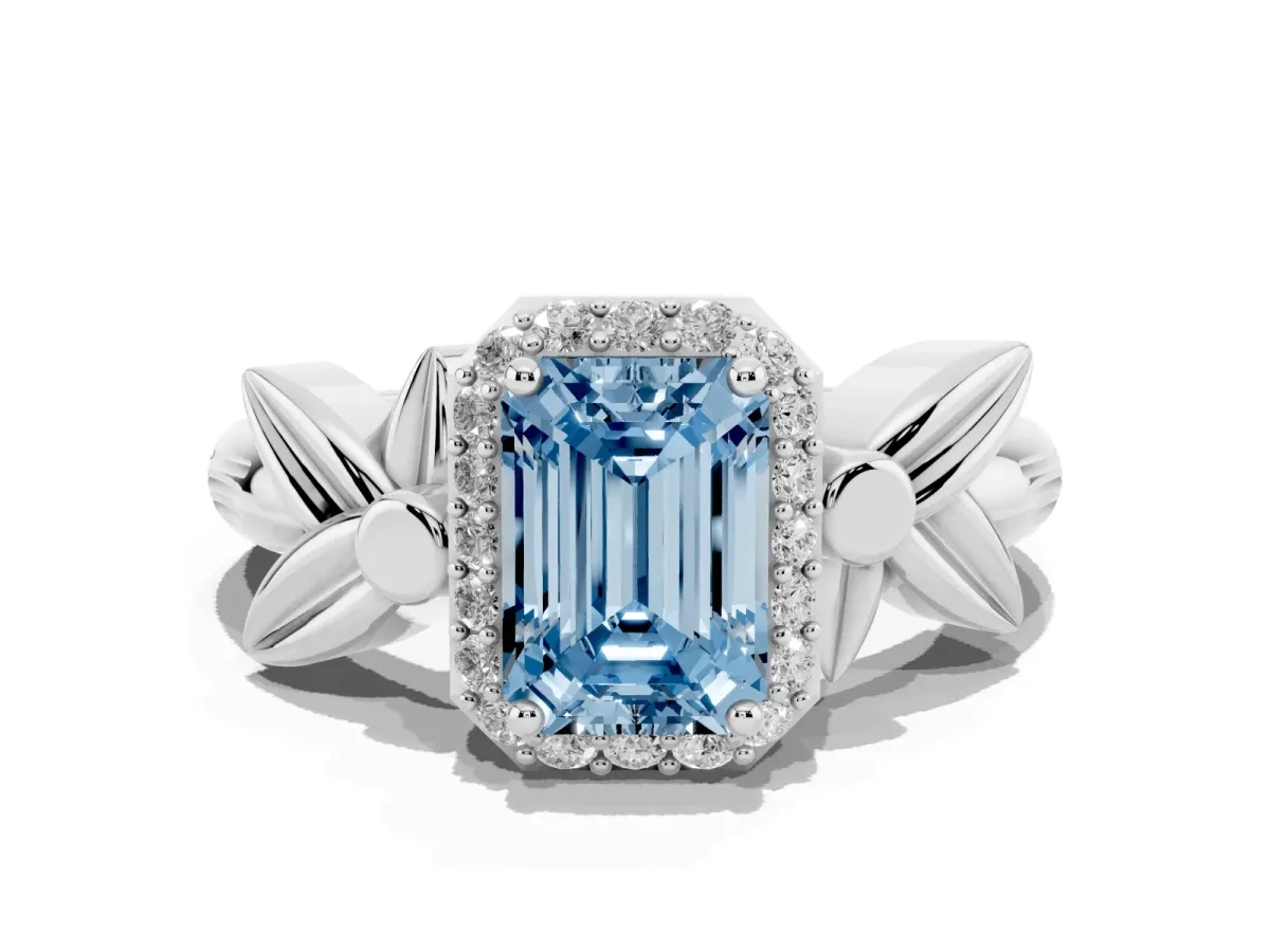 Fancy Blue Emerald Cut Halo Diamond Floral Band with Four-Prong Setting White gold