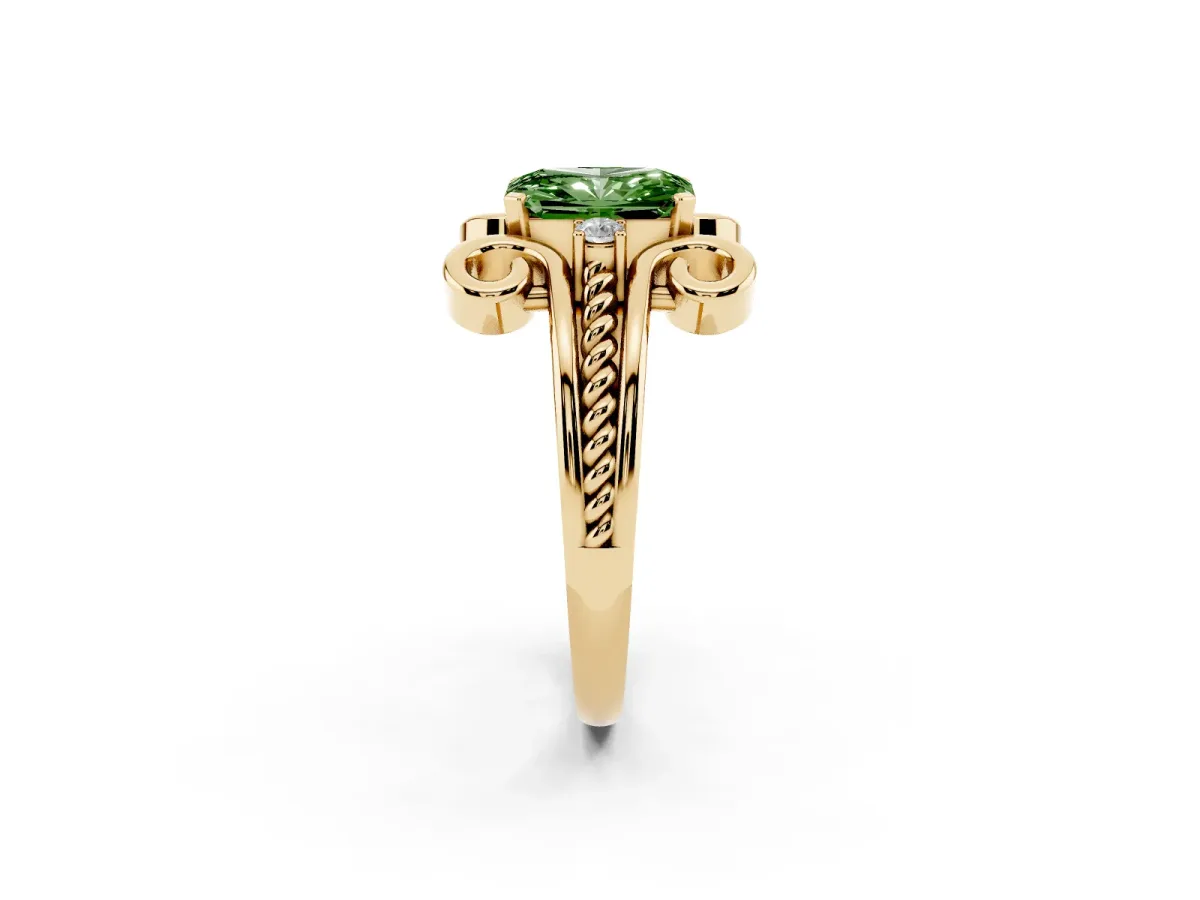 Fancy Green Radiant Cut Solitaire Twisted Band Scroll Prong Ring Yellow gold