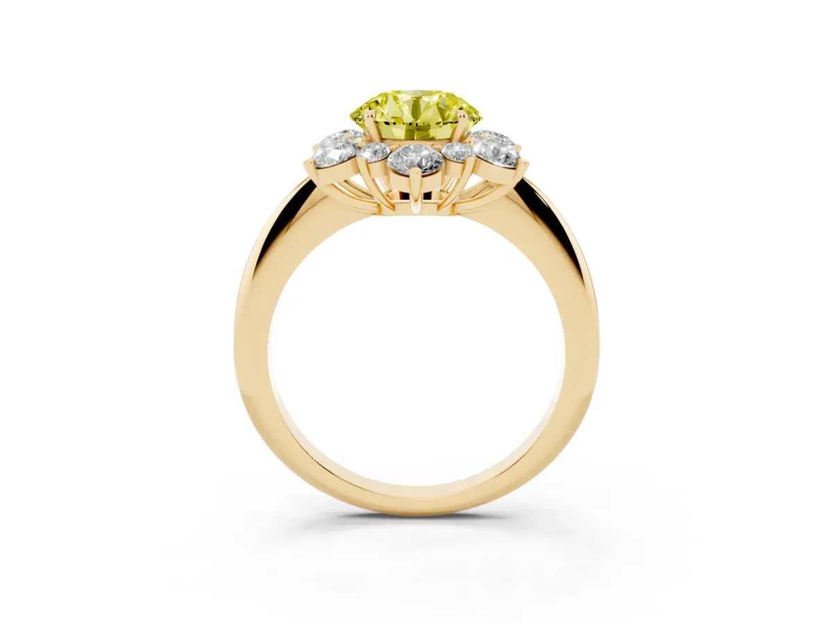 Fancy Yellow Round Cut Diamond Cluster Halo Ring with Solitaire Band and Four-Prong Setting Yellow gold