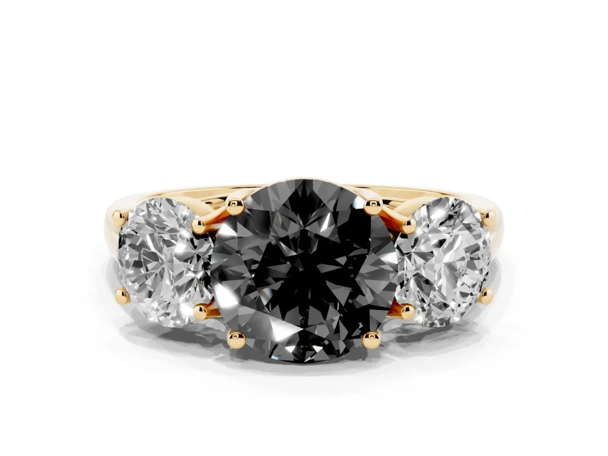 Fancy Black Three-Stone Round Cut Diamond Engagement Ring with Prong Setting Yellow gold
