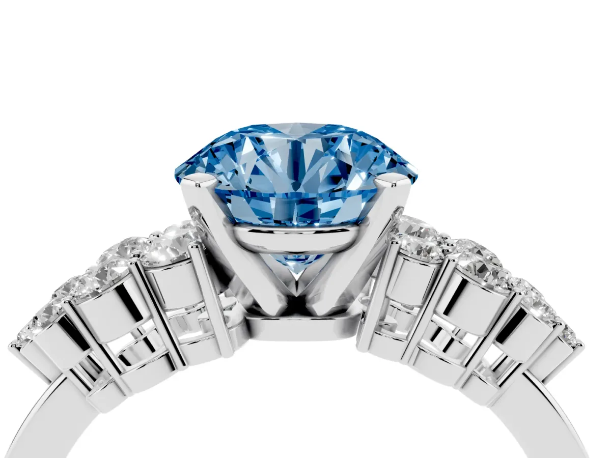 Fancy Blue Round Cut Cluster Diamond Engagement Ring with Pavé Band and Four-Prong Setting Silver