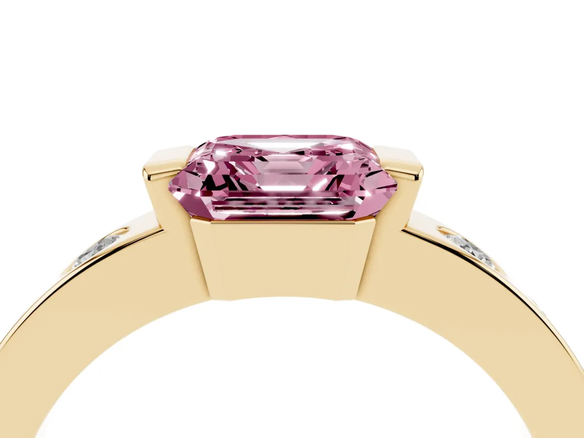 Fancy Pink Asscher Cut Brilliant Channel-Set Diamond Ring with Bezel Prong Setting Yellow gold