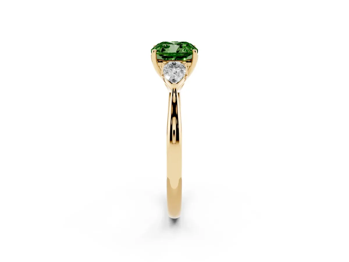 Fancy Green Three-Stone Cushion Cut Brilliant Diamond Solitaire Ring with Tapered Band and Four-Prong Setting Yellow gold