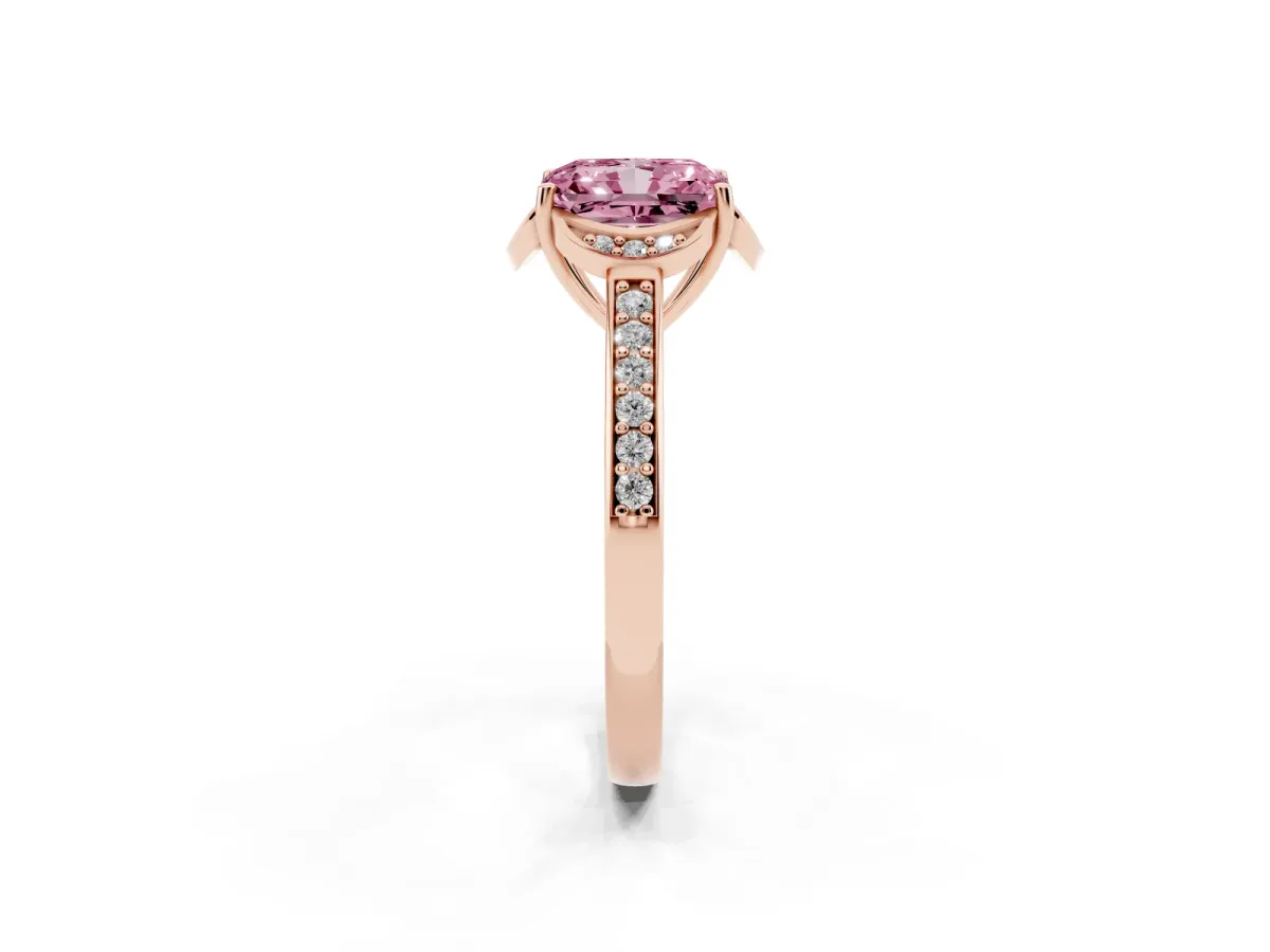 Fancy Pink Radiant Cut Cut Halo Diamond Ring with Channel Set Band and Four-Prong Setting Rose gold