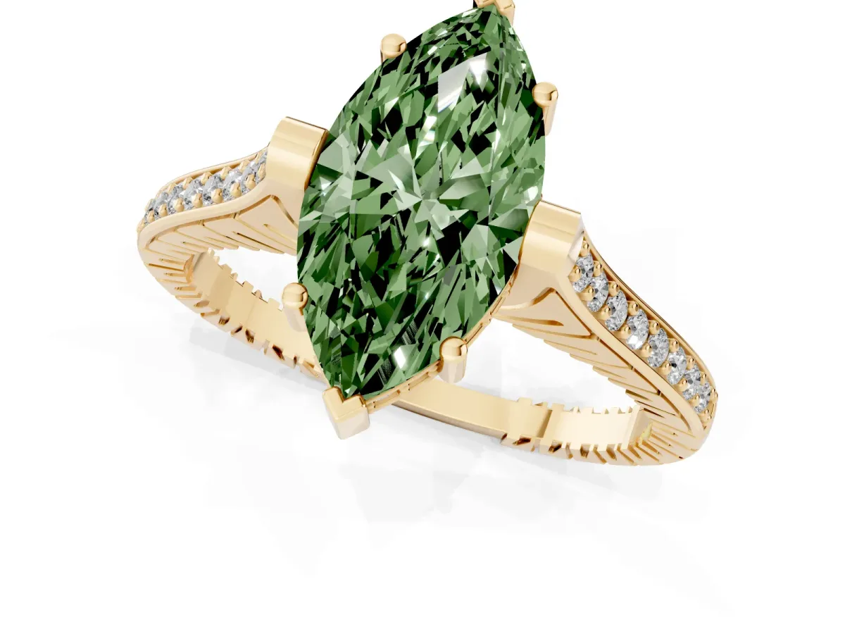 Fancy Green Marquise Cut Solitaire Diamond Ring with Channel Set Band and Bezel Prong Setting Yellow gold